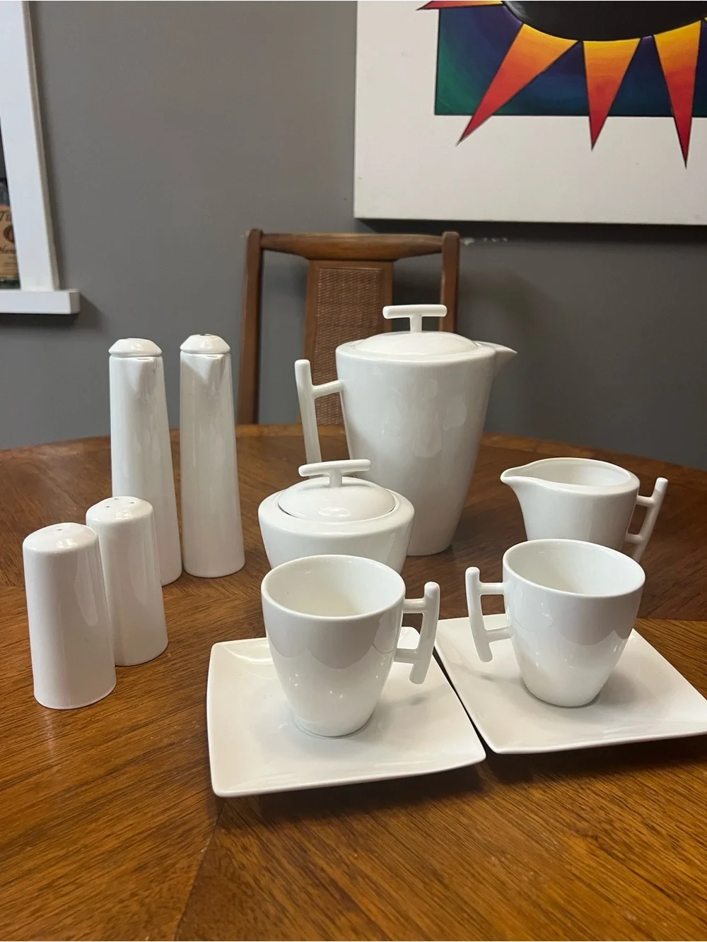 White Porcelain Coffee and Tea Set with Cups, Saucers and Accessories